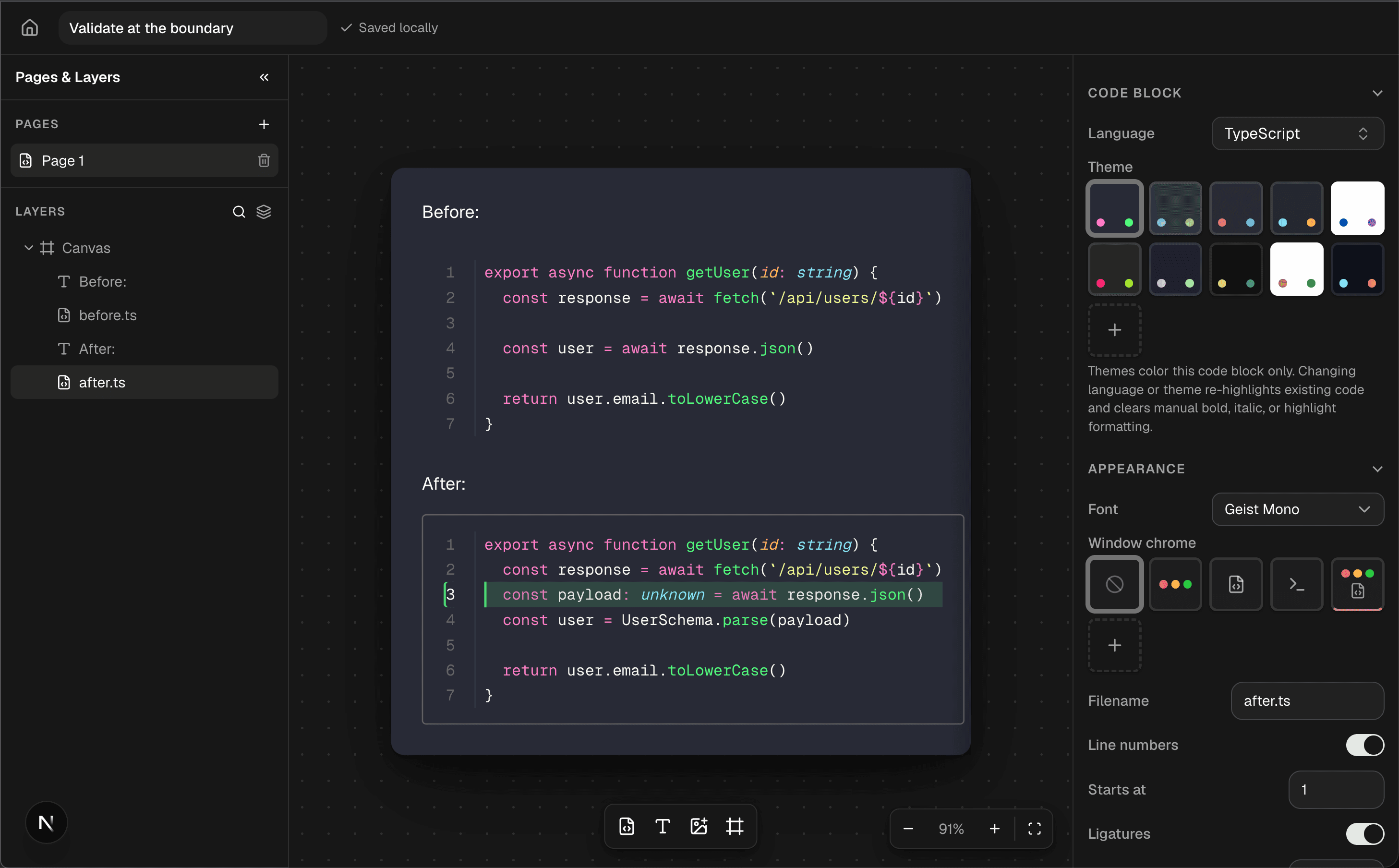 The Pretty editor showing a before-and-after TypeScript composition